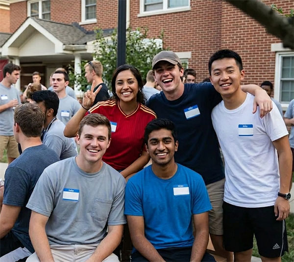 A diverse group of college-aged young adults gathered outdoors on a paved area next to a multi-story red brick fraternity house on a sunny day. Most individuals are wearing casual t-shirts and shorts. The building behind them has multiple windows and a banner near the entryway.