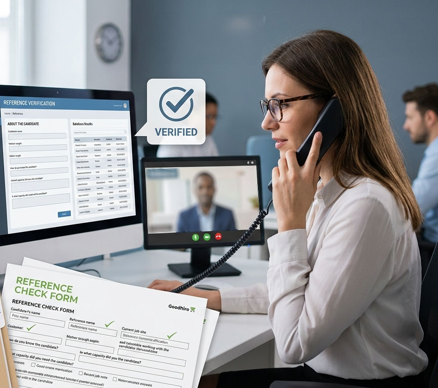 A professional woman in an office setting conducting a background check. She is wearing glasses and a white blouse, speaking on a desk phone while looking at her computer monitors. On her primary screen, an HR dashboard with data visualizations is visible; a secondary monitor shows a video call with a professional-looking man. In the foreground, a document titled "REFERENCE CHECK FORM" features a prominent green "VERIFIED" stamp with a white checkmark. The background shows a bright, modern open-office environment with other colleagues working at their desks.