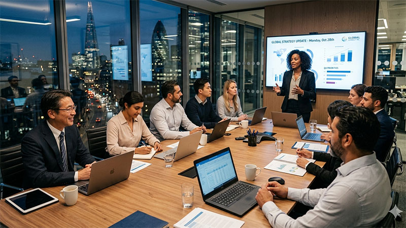 A diverse group of global professionals gathered in a modern high-rise boardroom for a Monday night meeting. Through the floor-to-ceiling windows, a vibrant city skyline is visible at night, featuring illuminated landmarks like The Shard. At the head of the long wooden table, a woman stands presenting a "Global Strategy Update" on a large digital screen displaying data charts. Ten professionals of various ethnicities are seated around the table, engaged in the presentation with laptops, notebooks, and coffee mugs. The atmosphere is professional and collaborative, lit by warm indoor lighting contrasting with the cool blue tones of the city exterior.